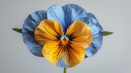 Blue and orange pansy flower with a gray background. Close-up studio portrait for botanical illustration and print.