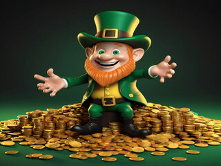 Leprechaun with gold coins 3D illustration
