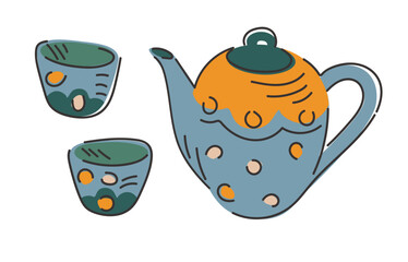 Blue teapot with cups. Vector illustration. Isolated objects on white background