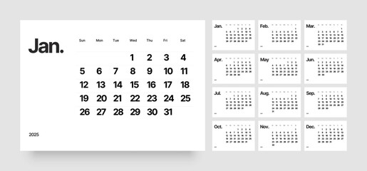 Monthly calendar template for 2025 year. Wall calendar in a minimalist style. Week Starts on Sunday. 