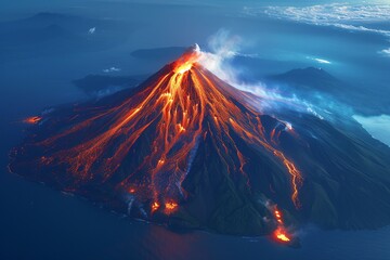 A volcano in the ocean spewing hot lava and ash into the air, surrounded by water and steam - obrazy, fototapety, plakaty