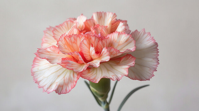 Pink and white carnation with a soft background. Single flower close-up for greeting card and botanical illustration., pink flower