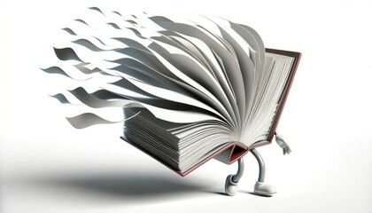 A book turning its pages to the wind on a white background, symbolizing the power of literature to transport and inspire, ideal for themes of education and imagination.