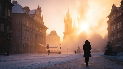 A winter morning of Old Town Square with snow and a lady historic buildings in the city of Prague,...