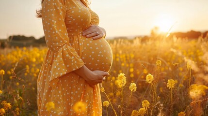 A pregnant woman in a yellow dress standing next to tall grass, AI