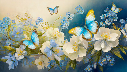 Watercolor painting white-blue spring flowers and butterflies.