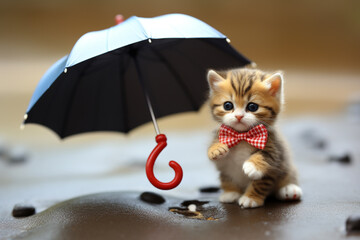 A tiny kitten wearing a polka dot bowtie, holding a miniature umbrella.