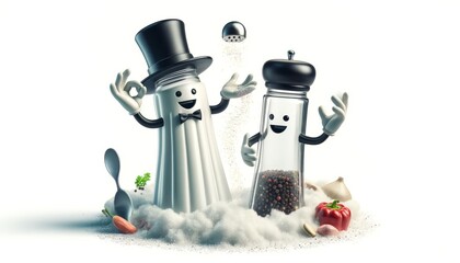 A salt shaker and pepper grinder performing a magic trick on a white background, symbolizing the magical transformation of flavors they bring to dishes.