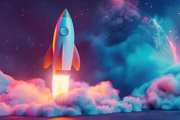 Futuristic 3D rocket launching into space, successful business startup growth concept, innovation illustration