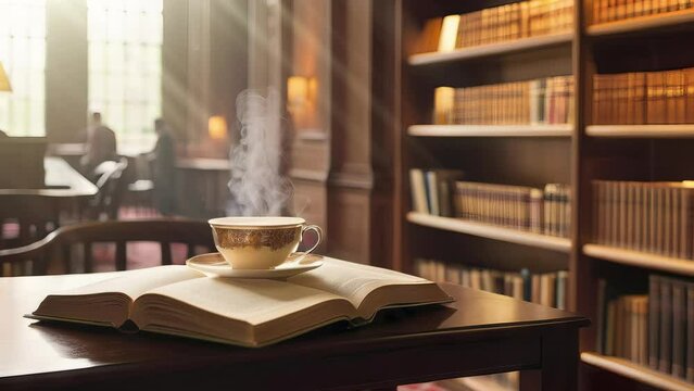 a cup of coffee and a book in the library