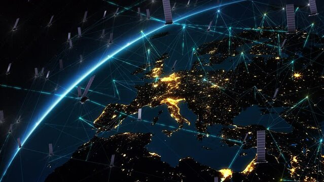 Satellite Flying over Earth as Seen from the Space, Europe Covered by Digitalization Network Rays of Information Between Countries and Cities. Telecommunication, Internet and Surveillance Concepts.