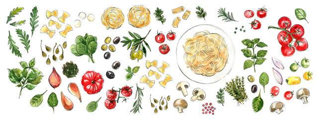 Spaghetti. Pasta painted watercolor on a white background. Colorful sketch of food. Italian food. - 779923110