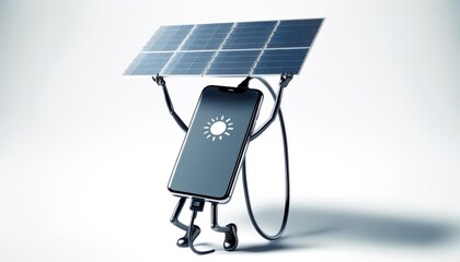 A smartphone charging itself with solar power on a white background, symbolizing self-reliance and renewable energy use, perfect for themes of sustainability and tech innovation.