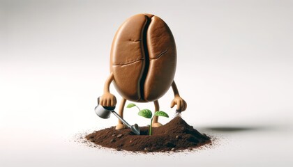 A coffee bean planting itself on a white background, illustrating the origin of ideas and the growth of concepts from small beginnings, perfect for innovation and creative development themes.