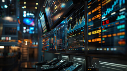An image of a stock market trading terminal with multiple screens displaying real-time stock quotes