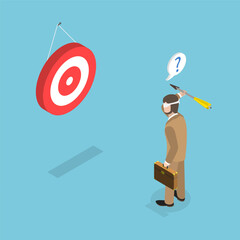 3D Isometric Flat Vector Illustration of Unclear Goal, Blindfold Businessman Aiming a Target