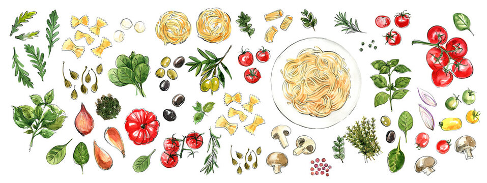 Spaghetti. Pasta painted watercolor on a white background. Colorful sketch of food. Italian food.
