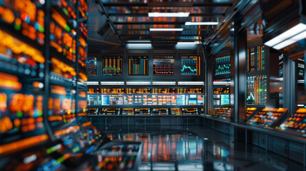An image of a stock market trading terminal with multiple screens displaying real-time stock quotes