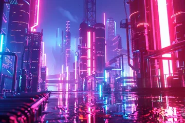 Tuinposter Futuristic industrial landscape with glowing neon lights and abstract structures, 3D render © furyon