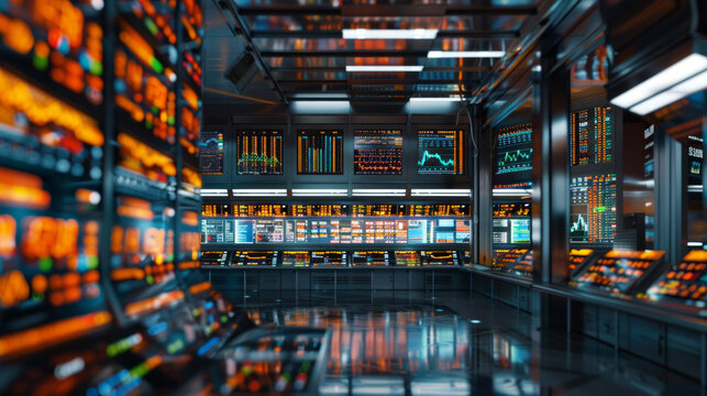 An image of a stock market trading terminal with multiple screens displaying real-time stock quotes