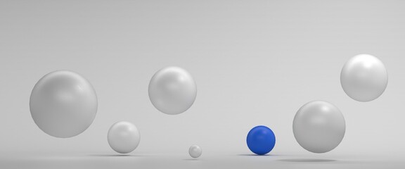 Pearl-colored spheres and one blue spheres of balls on gray background. Abstract background with dynamic 3d spheres.