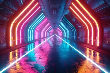 Futuristic Neon Lights Speed Tunnel, Glowing Colorful Strips, Dynamic Motion Background