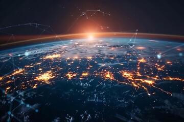 Global digital network connecting continents on Earth, data transfer and cyber technology concept