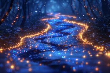 sparkling bokeh illuminating the forest pathway at night - obrazy, fototapety, plakaty