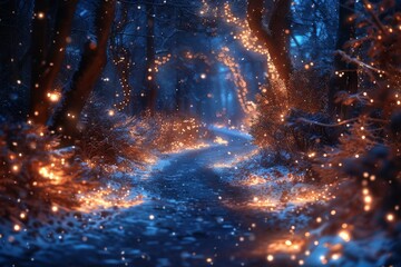 sparkling bokeh illuminating the forest pathway at night - obrazy, fototapety, plakaty