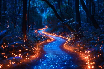 sparkling bokeh illuminating the forest pathway at night