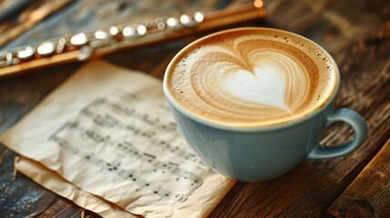 Coffee with heart shape latte art and music sheet flute on wooden table.