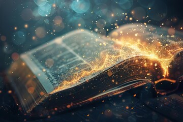 Glowing Bible with floating particles, God's holy word and divine light concept, digital art