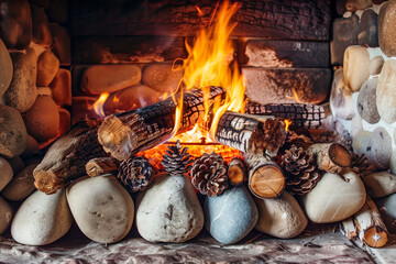 Paving stone fireplace burning