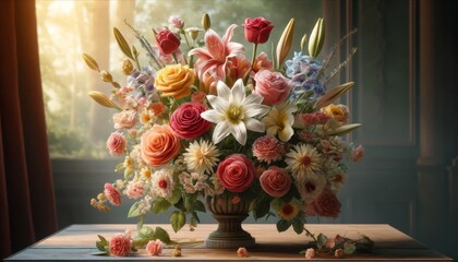 Stunning Floral Arrangement with a Variety of Flowers in Full Bloom in an Elegant Vase