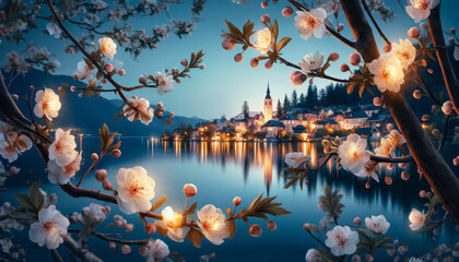 A tranquil evening scene where branches laden with blossoms frame a view of an idyllic lakeside town - obrazy, fototapety, plakaty