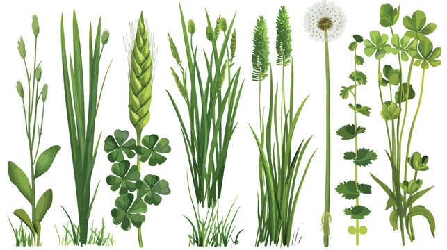 Realistic grasses herbs succulents cereals green plants