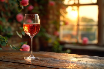 A glass of wine on the wooden table.