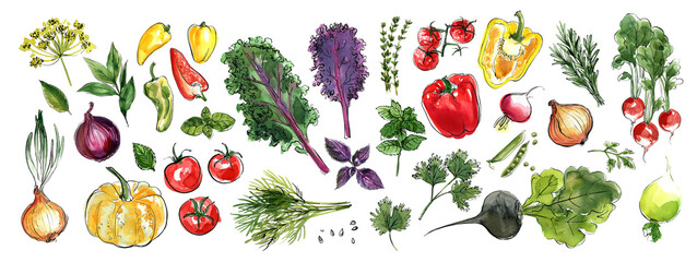 Vegetables food sketch watercolor. Farm products. Greens, herbs, spices - 779924504