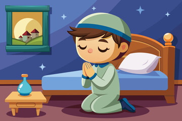 cartoon person kneeling by bed and saying a prayer with eyes closed