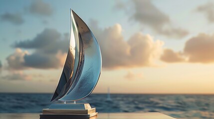 An elegant trophy in the shape of a sail, awarded at a regatta, captures the spirit of sailing and the triumph over the oceans challenges - obrazy, fototapety, plakaty