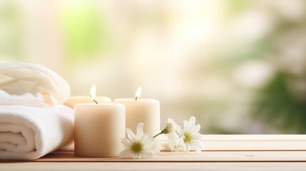 Spa concept with candles, fresh towels, and white daisies on a wooden surface against a blurred natural background.