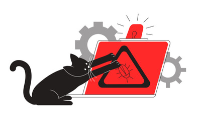 Software testing concept. Cat finding, searching, looking for bugs, errors in program, system breakdown. Tester in quality assurance or security department. Flat vector illustration.