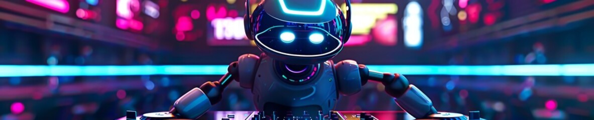 A cute 3D robot as a DJ, spinning decks with its robotic arms, head bobbing to the beat under neon lights