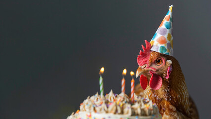 Chicken wearing a birthday hat in front of a cake on gray background	
