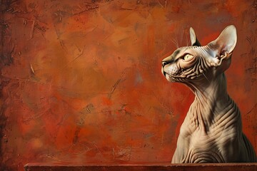 A dapper sphynx cat, its skin wrinkled thoughtfully, set against an earthy terracotta backdrop - obrazy, fototapety, plakaty