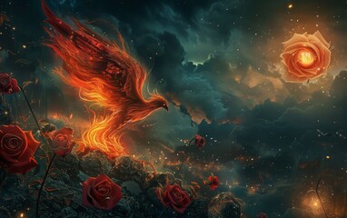 A fantasy illustration of a phoenix rising from a burning red rose, symbolizing rebirth and eternal love, set in a mystical Valentine's landscape