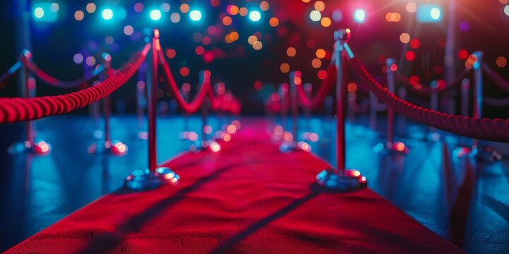 A film premiere red carpet with velvet ropes and flashing camera lights, setting the stage for a glamorous entertainment industry banner