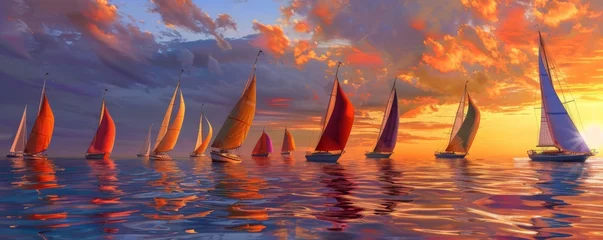 Fotobehang A vibrant regatta, sails ablaze with sunset colors, racing on the shimmering sea © Shutter2U