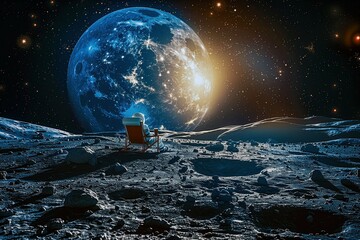 An astronaut, seated in quiet contemplation on the Moon, coffee in hand, gazes towards the Earth, a brilliant orb rising against the stark lunar expanse and star-filled cosmos.