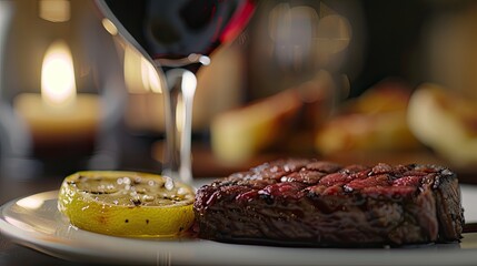 Steak set off with a red wine and lemon slice - obrazy, fototapety, plakaty